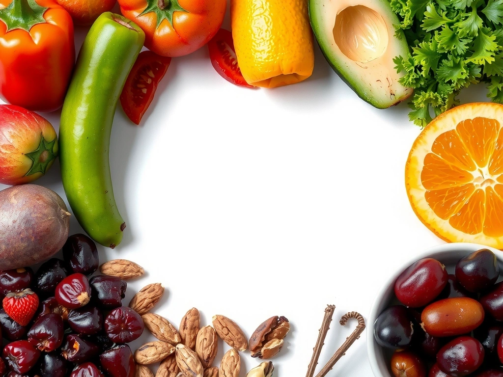 Verschiedene gesunde Lebensmittel wie Gemüse, Obst und Nüsse, die eine ausgewogene Ernährung darstellen.